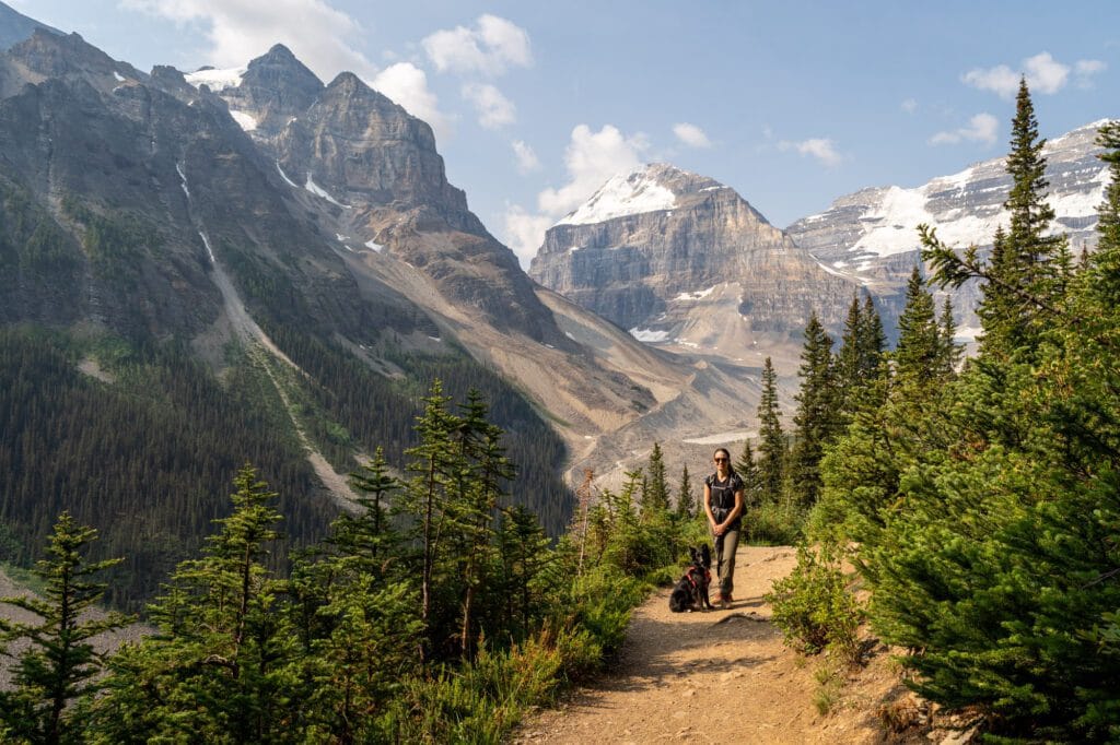 A person walking a hiking trail that is lined with trees, with the trail offering amazing views of mountain peaks.