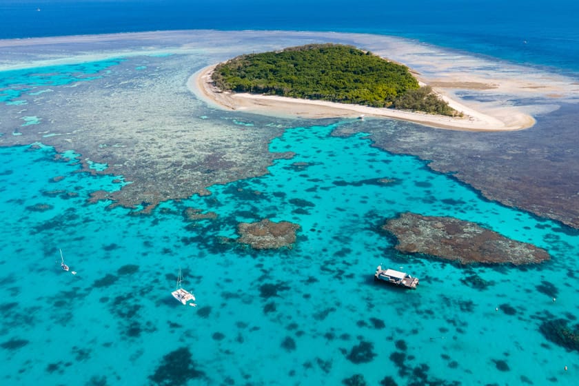 Ariel view of an Lady Musgrave island surrounded coral reefs and crystal clear bright blue ocean waters. 