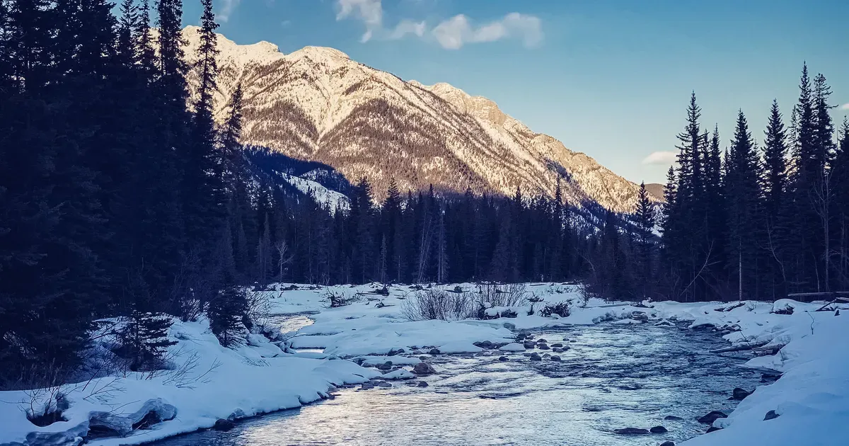 A Creek running through snow covered lands, and surrounded by mountains and trees.