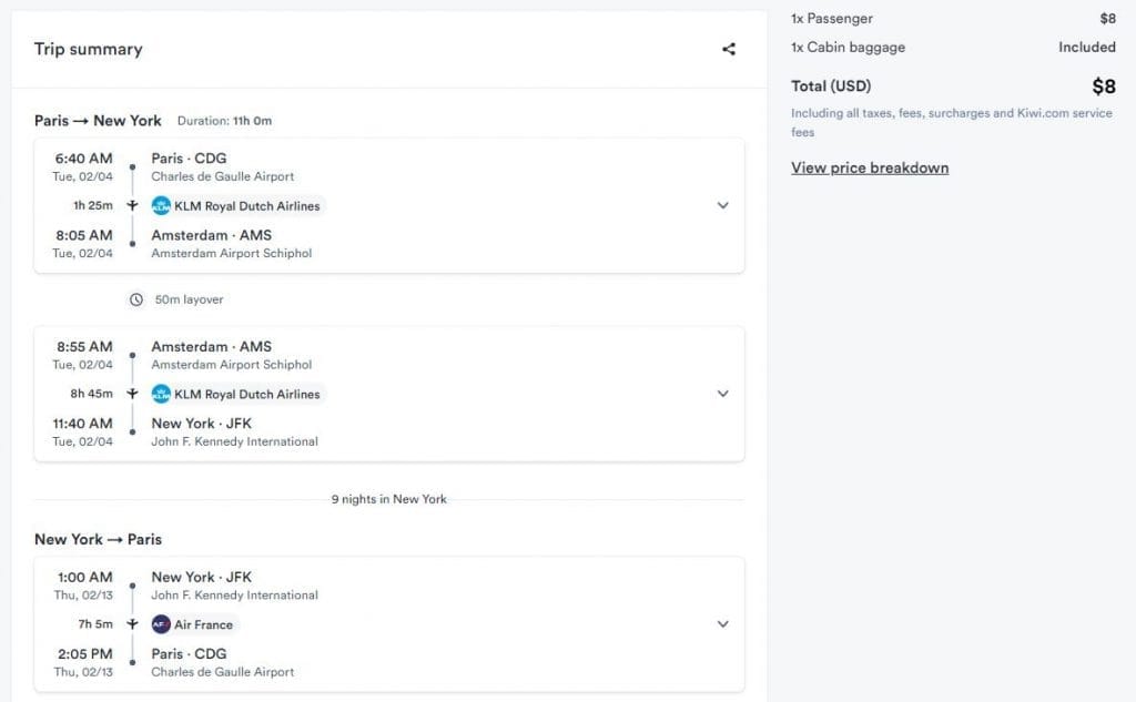 Airline mistake fares/error fare for a flight from Paris to New York for only $8.
