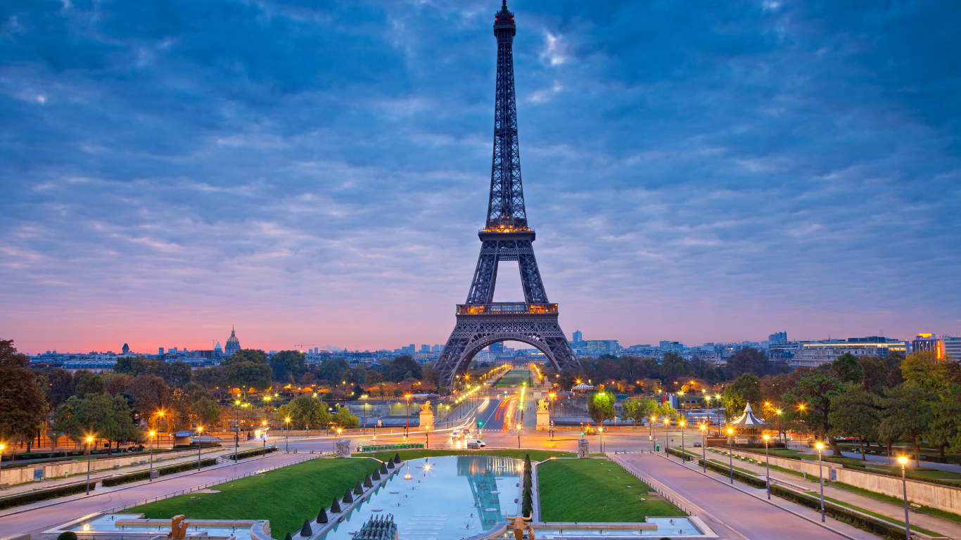 Eiffel Tower in Paris, France at sunset.