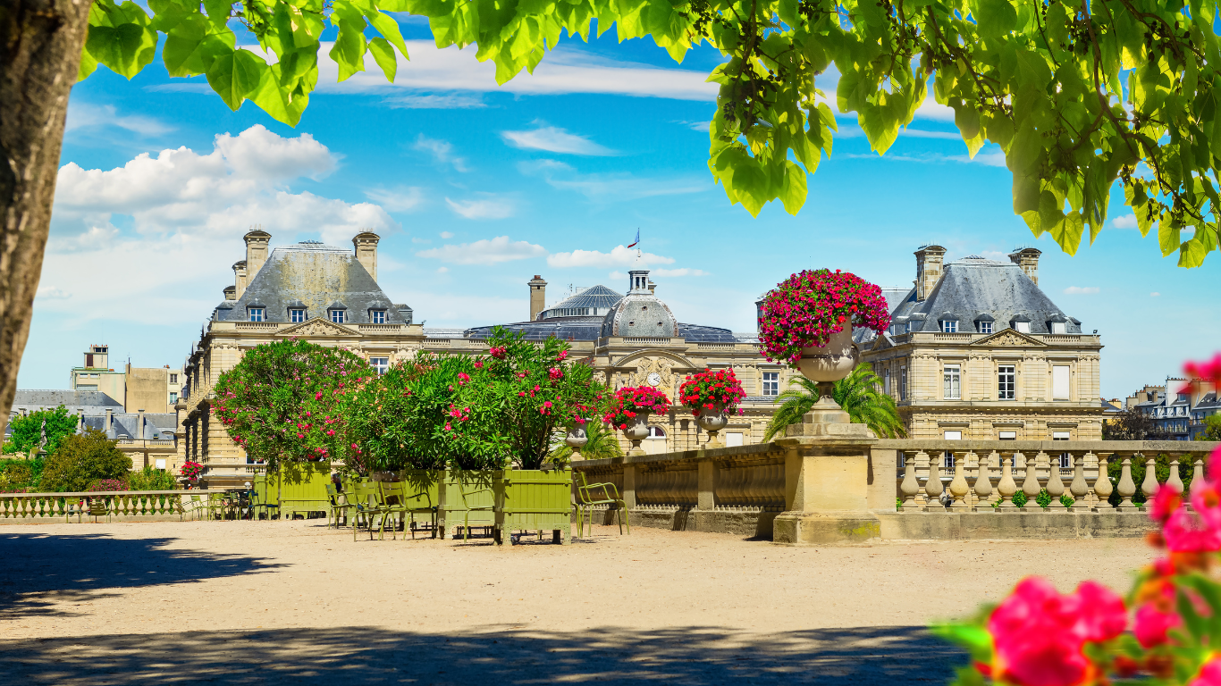 Spring flowers at Luxembourg Gardens in Paris view of the courtyard.