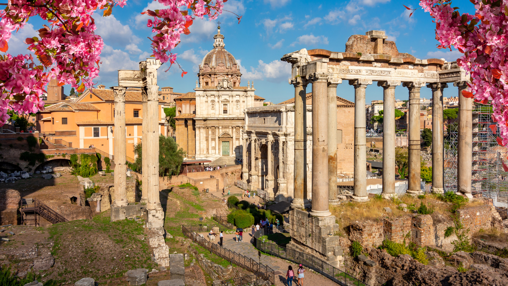 the roman forum in Rome during the fall with pretty fall leaves on the trees