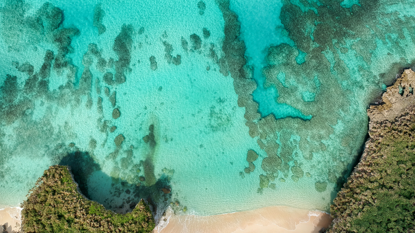 Ariel view of a beach and clear turquois waters with lots of coral reefs.