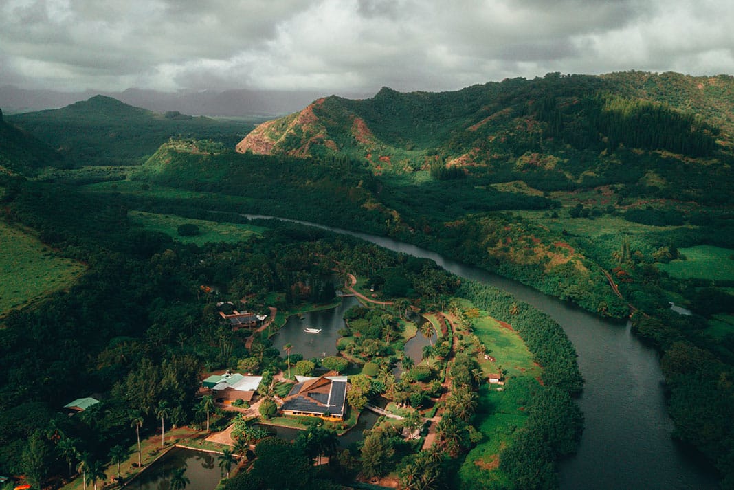 Wailua River winding throughout lush green foliage
