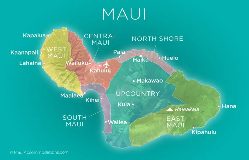 A Illustration of a map of Maui's 6 regions.