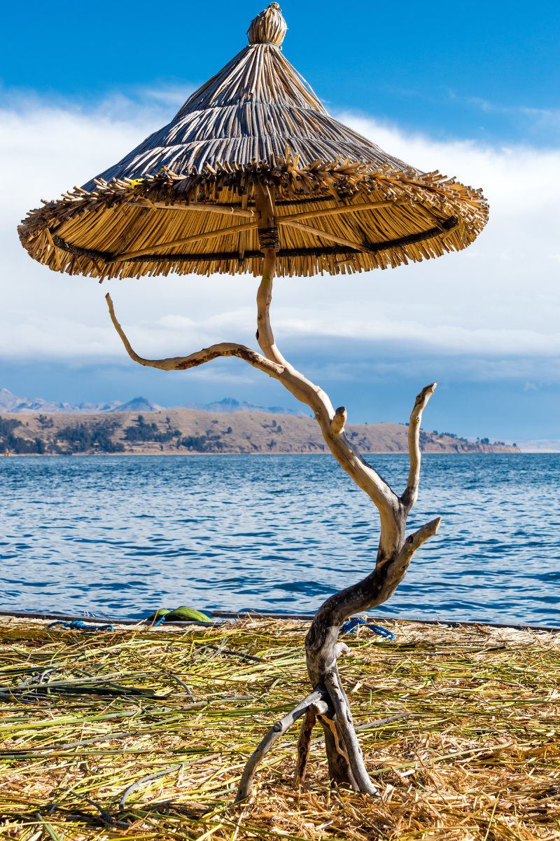 Umbrella made from reeds on Lake Titicaca that is on the floating Uros islands