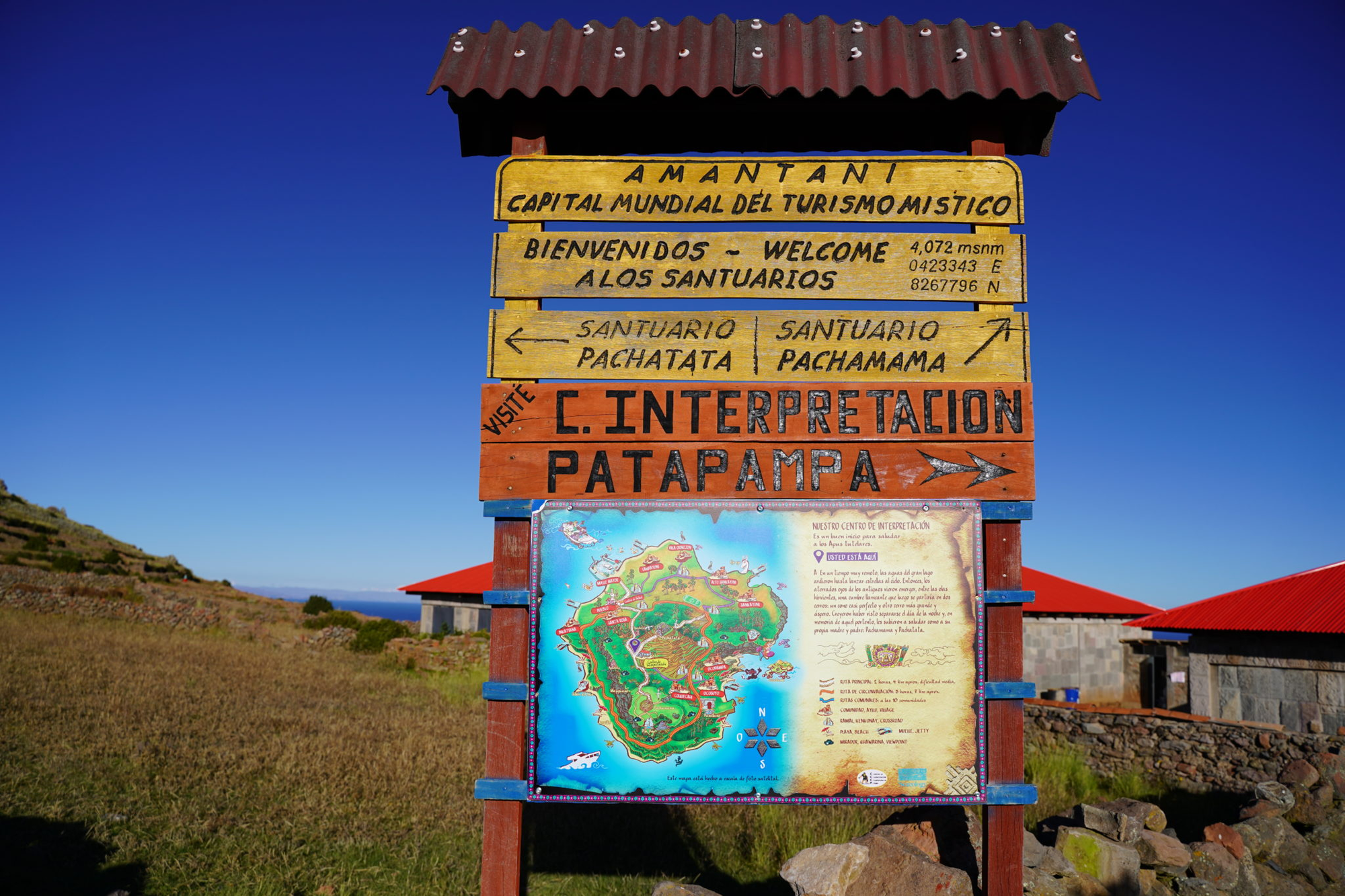Lake Titicaca Travel Guide - Amantani Island Sign