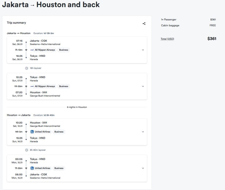 Houston to Jakarta in a business class lay flat for $361 round trip