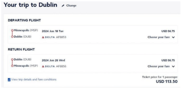Minneapolis to Dublin for $113 round trip.
