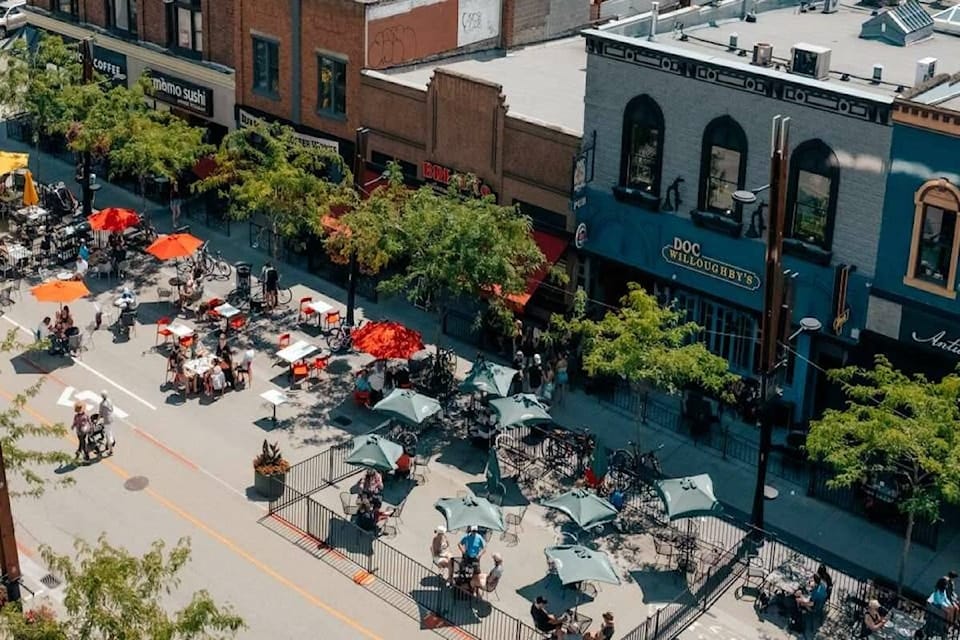 Ariel view of people sitting and eating at various restaurants  in downtown Kelowna. 