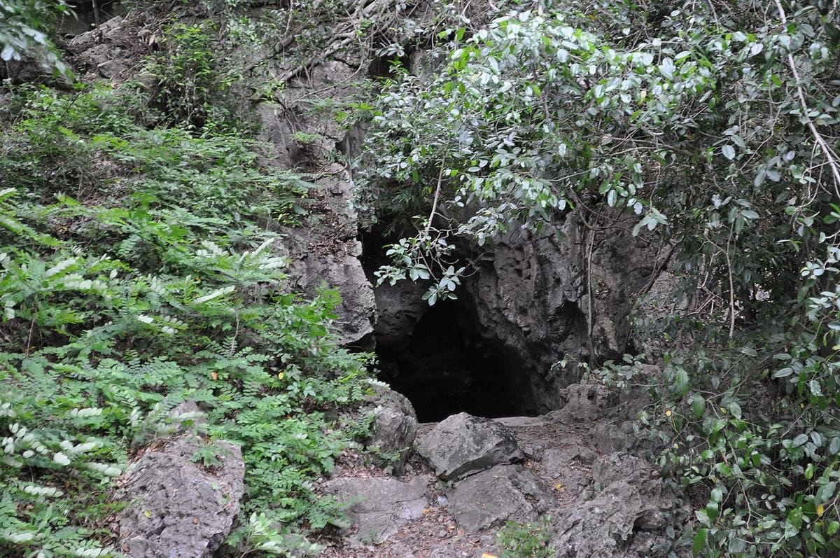 Small hole in the side of a rocky hillside that opens up into a large cave.