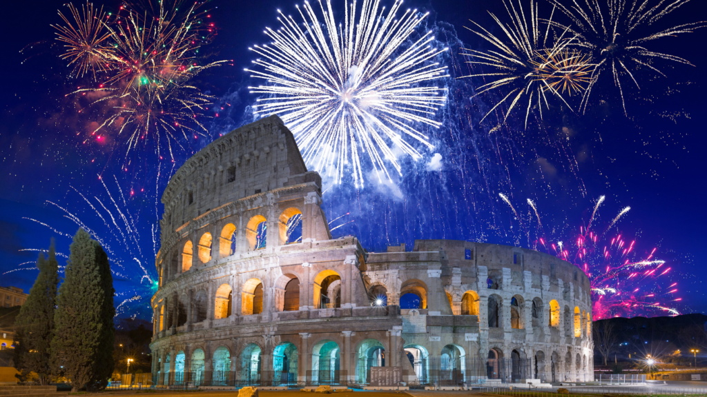 Fireworks being shot off in Rome for The New Year With A View Of The Colosseum. 