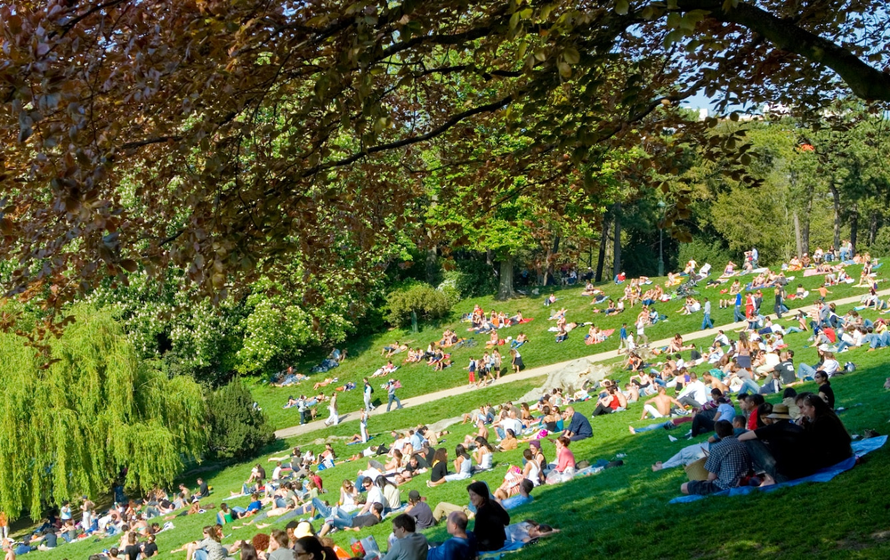 Large crowd of people relaxing and having picnics on a sunny hillside in a lush green park in Paris, France, surrounded by trees and nature.