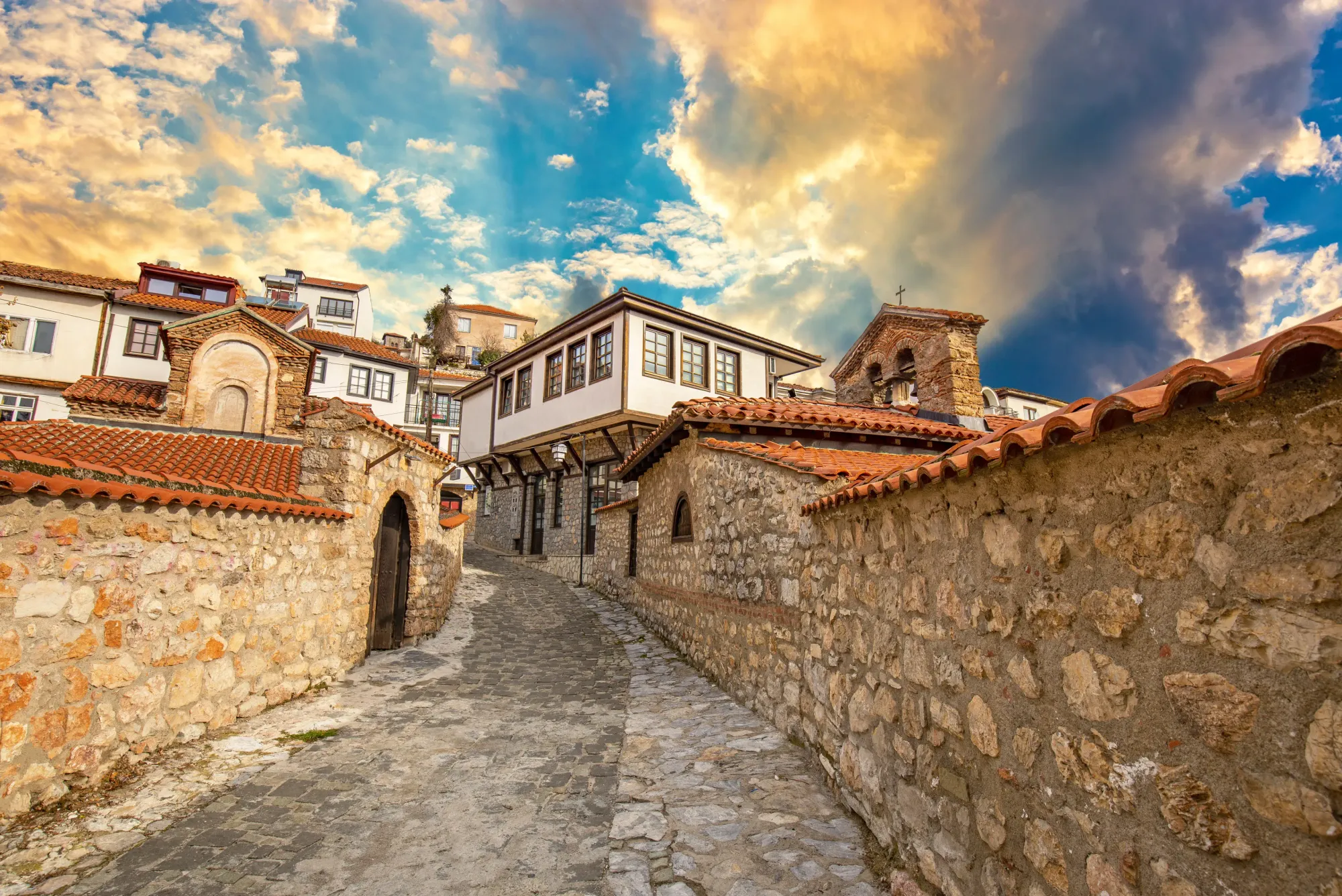 Old street made from rock leading up to the town of Ohrid.