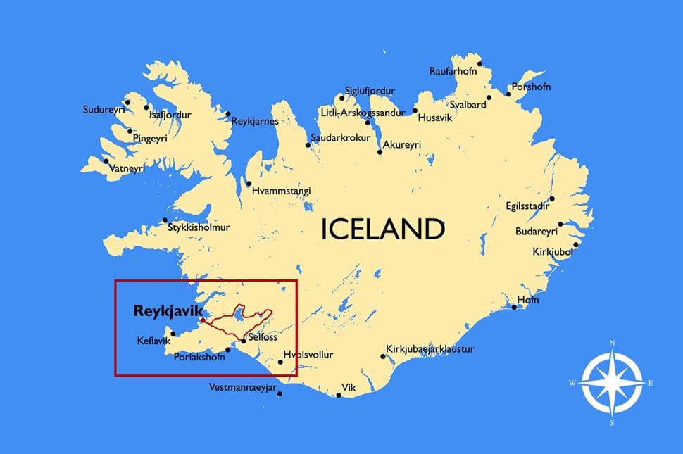 Map of Iceland highlighting major towns and cities, with a red box outlining the Golden Circle region near Reykjavik in the southwest, including locations like Selfoss and Þorlákshöfn; a compass rose is shown in the bottom right corner.