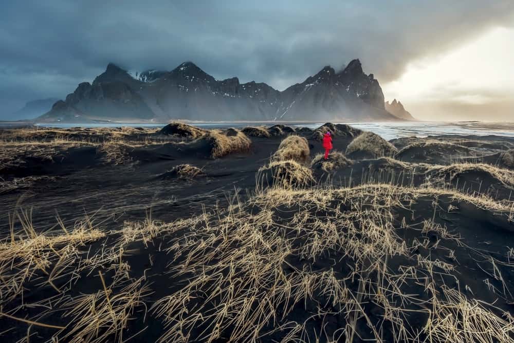 Dramatic landscape of Vestrahorn mountain in East Iceland at sunset, with dark volcanic sand dunes covered in golden dry grass and a lone person in a red jacket standing in the foreground, facing the misty peaks.