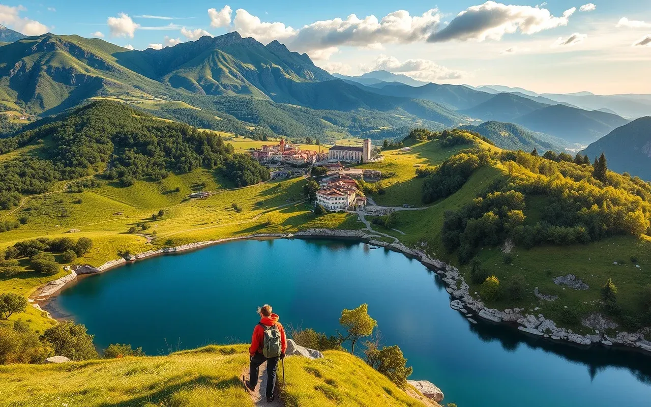 Hiker overlooking a tranquil mountain lake surrounded by green rolling hills and a traditional Italian village nestled in the valley of Abruzzo, Lazio and Molise National Park.
