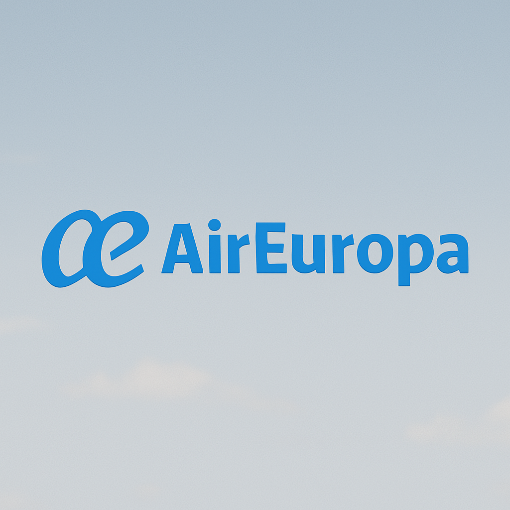 Air Europa logo with blue text and a stylized 'ae' symbol on a light sky background.