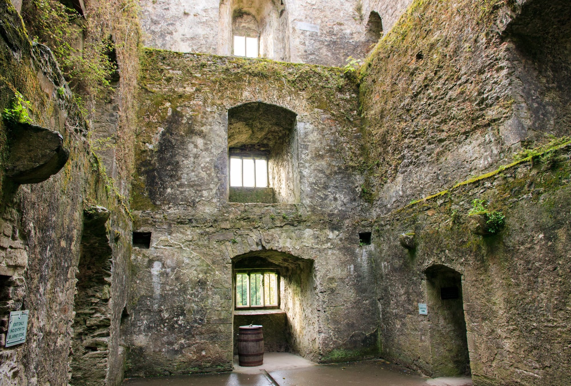Interior view of Blarney Castle in Ireland, showing weathered stone walls covered in moss and small plants, with barred windows letting in natural light and a wooden barrel on the ground.