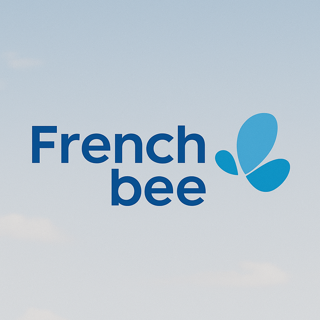 French Bee logo with blue text and a light blue abstract bee design on a light sky background.