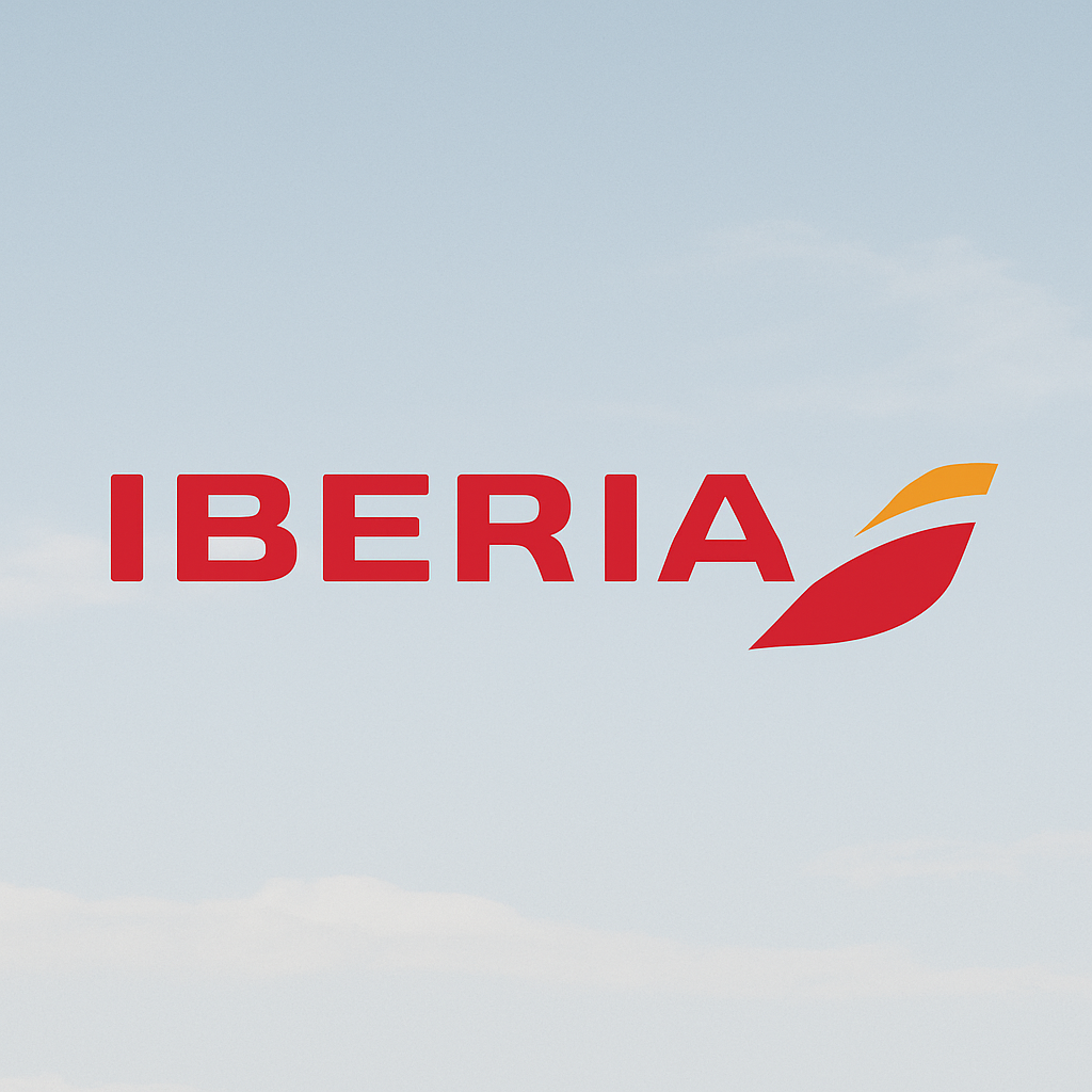 Iberia Airlines logo with red uppercase text and a red and yellow stylized wing on a light sky background.