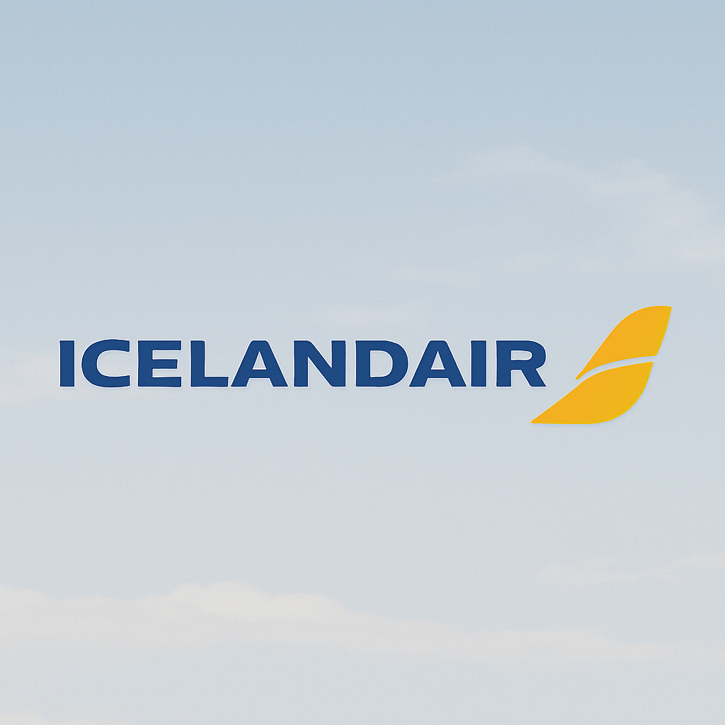 Icelandair logo with bold blue text and a yellow stylized wing graphic on a light sky background.