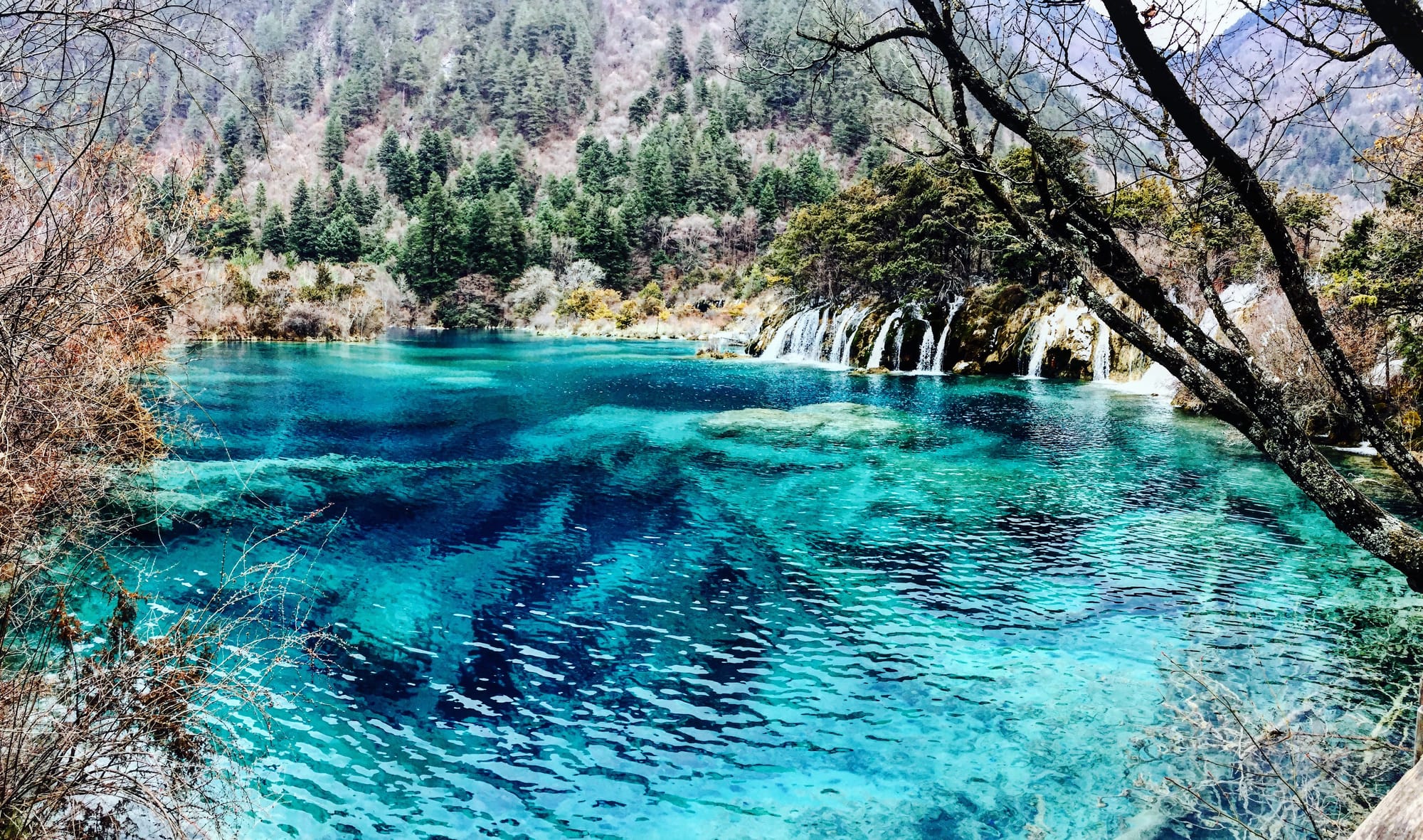 Scenic view of a clear turquoise lake with cascading waterfalls and surrounding pine-covered hills in Jiuzhaigou Valley National Park, China, framed by leafless branches in the foreground.