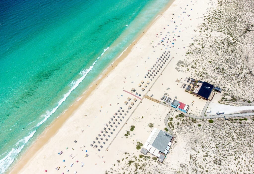 Ariel view of Praia da Comporta beach in Portugal.