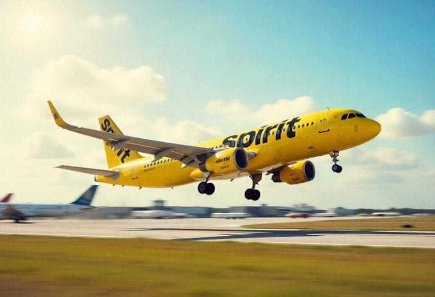  Bright yellow Spirit Airlines jet landing on a runway during daylight, with other planes visible in the background.