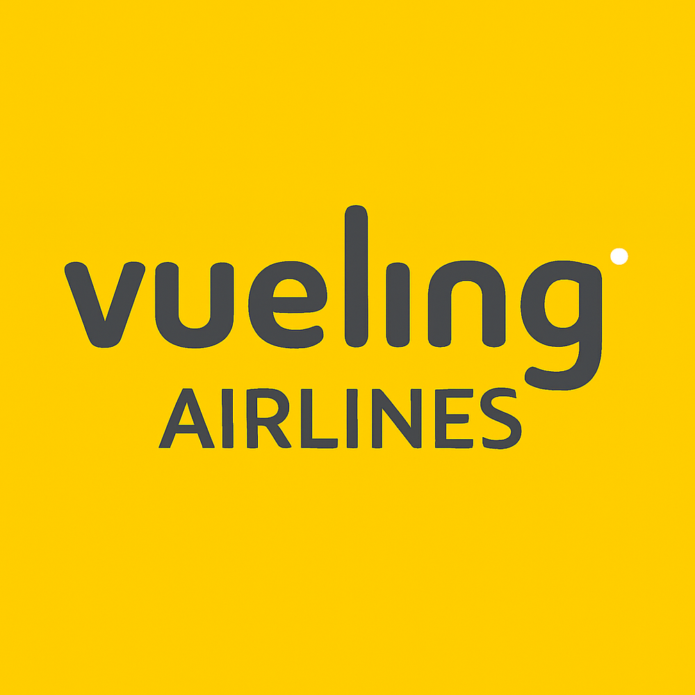 Vueling Airlines logo with lowercase dark gray text on a yellow background.