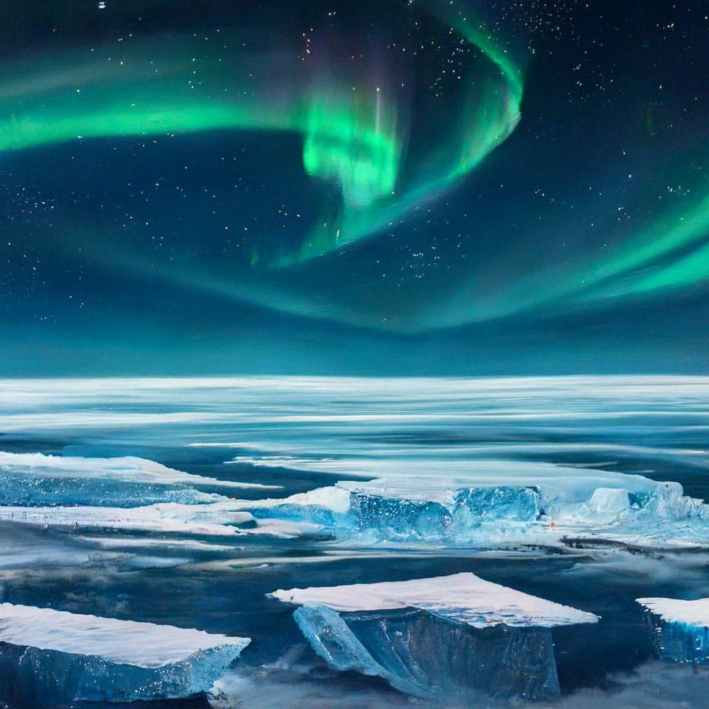 Ice chunks and northern lights over Lake Baikal, Russia.