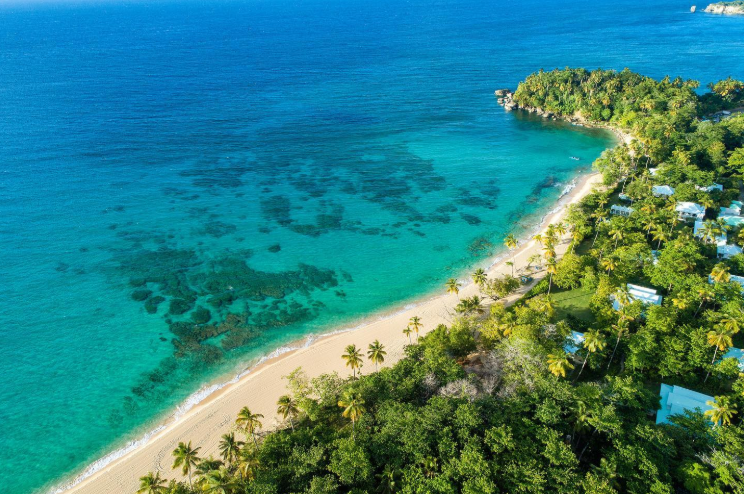 Drone view of Playa Grande, Costa Rica, with a long stretch of sandy beach bordered by clear blue ocean and dense greenery along the shore.