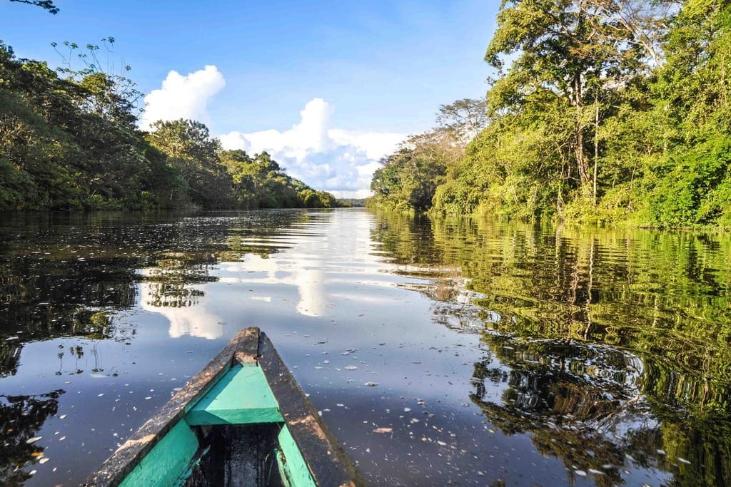 Canoe gliding on a calm Amazon River surrounded by dense jungle in Amacayacu National Park, Colombia.