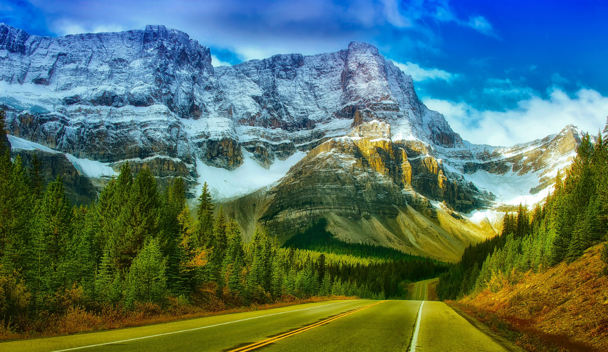 Scenic highway lined with evergreen trees leading toward snow-capped mountains under a vibrant blue sky in Banff National Park, Canada.