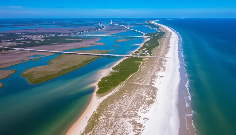 Aerial view of Pawleys Island Beach in South Carolina, showcasing a narrow barrier island with white sandy beaches, tidal creeks, salt marshes, and connecting bridges under a bright blue sky.