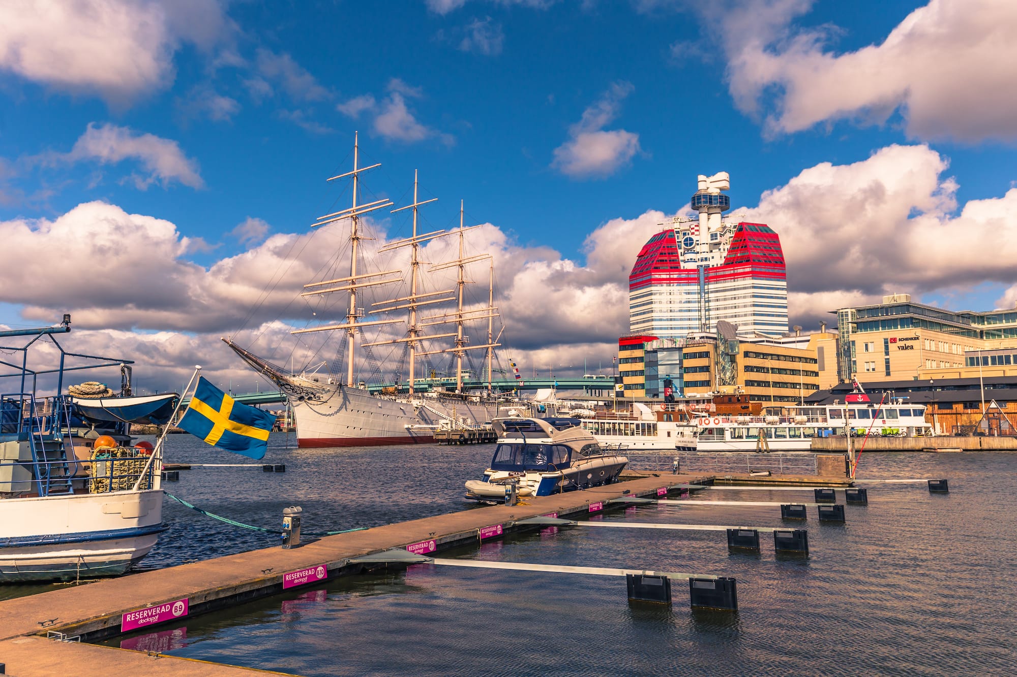Boats sitting in the harbor of Gothenburg Sweden. 