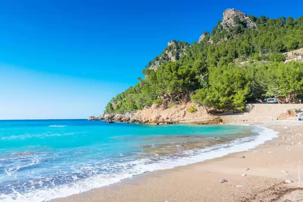 Peaceful beach at Cala Tuent in Mallorca, Spain, with clear blue water, pine-covered hills, and a scenic rocky shoreline.
