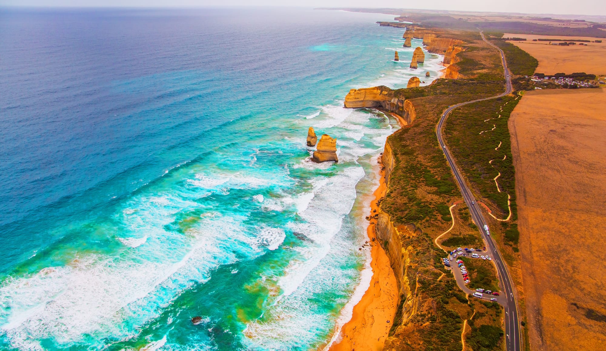 Great Ocean Road Ariel view showing the highway and the ocean in Australia.