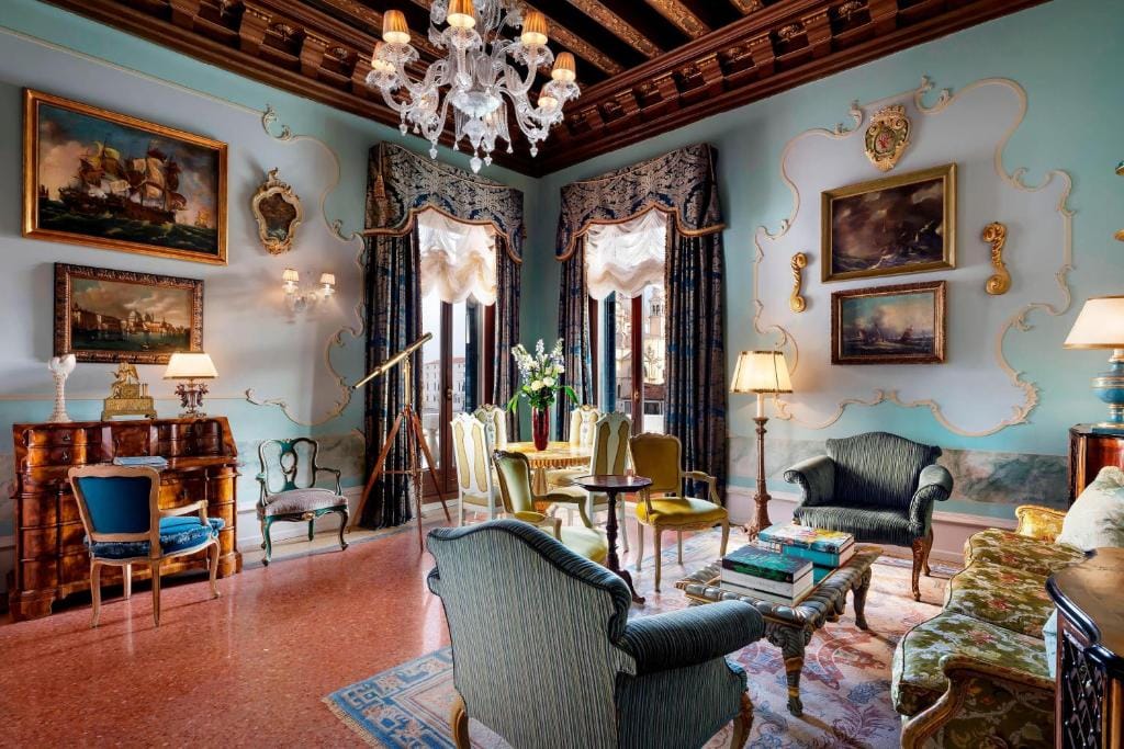 The inside of a luxury suite at The Gritti Palace, a Luxury Collection Hotel in Venice, Italy.