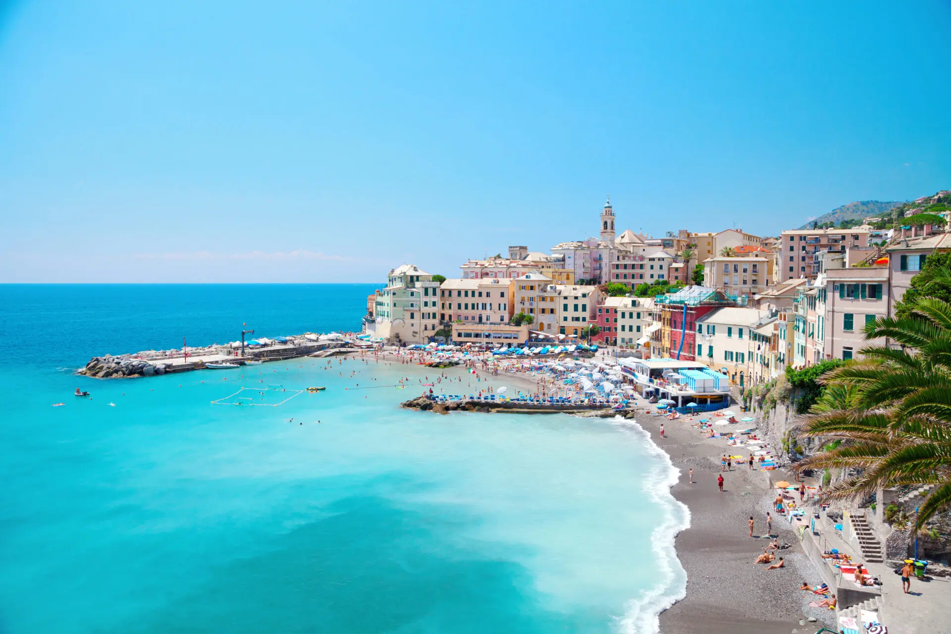 View of beautiful clear blue waters at a beach resort on the Amalfi Coast Italy.