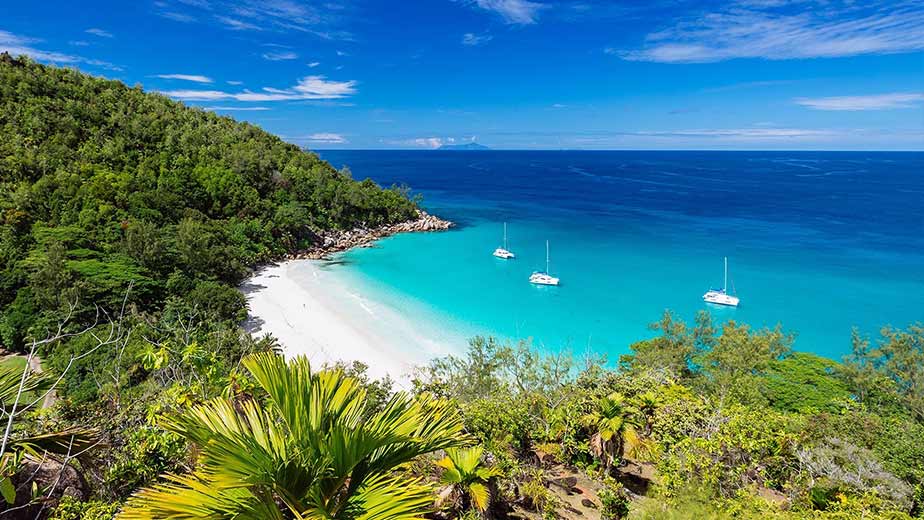 Sailboats anchored at Anse Georgette, Praslin