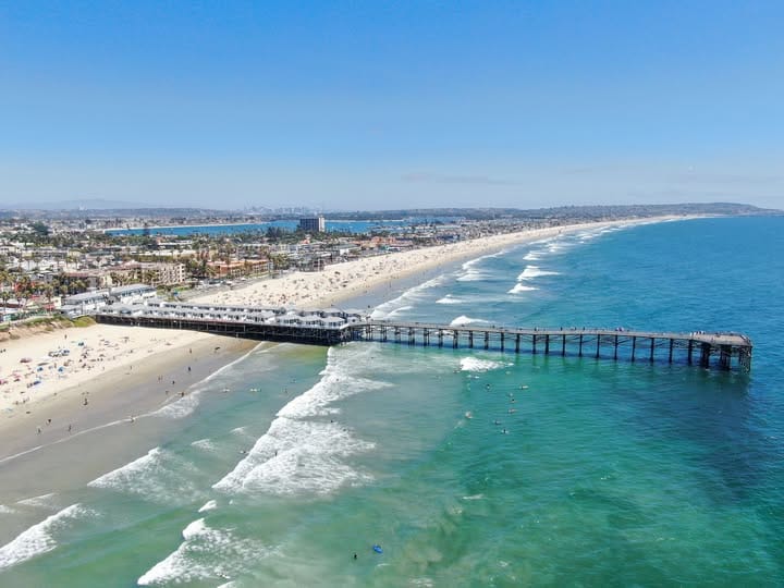 Ariel view of Pacific beach and it's pier in San Diego, California.