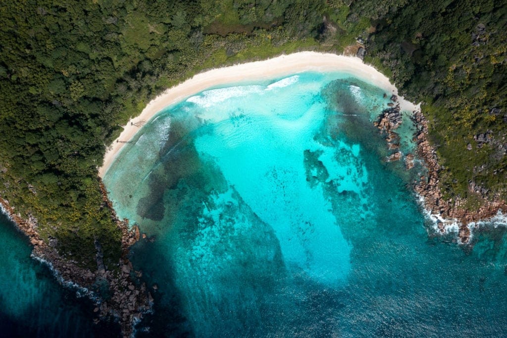 Ariel view of Anse Cocos, La Digue