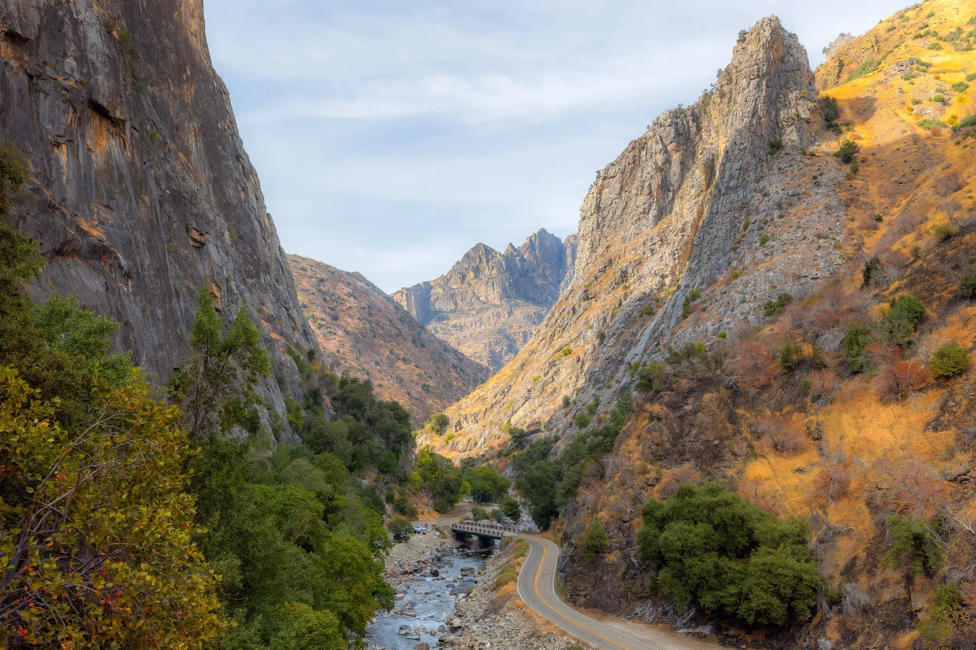Creek and road running through Sequoia and Kings Canyon National Parks