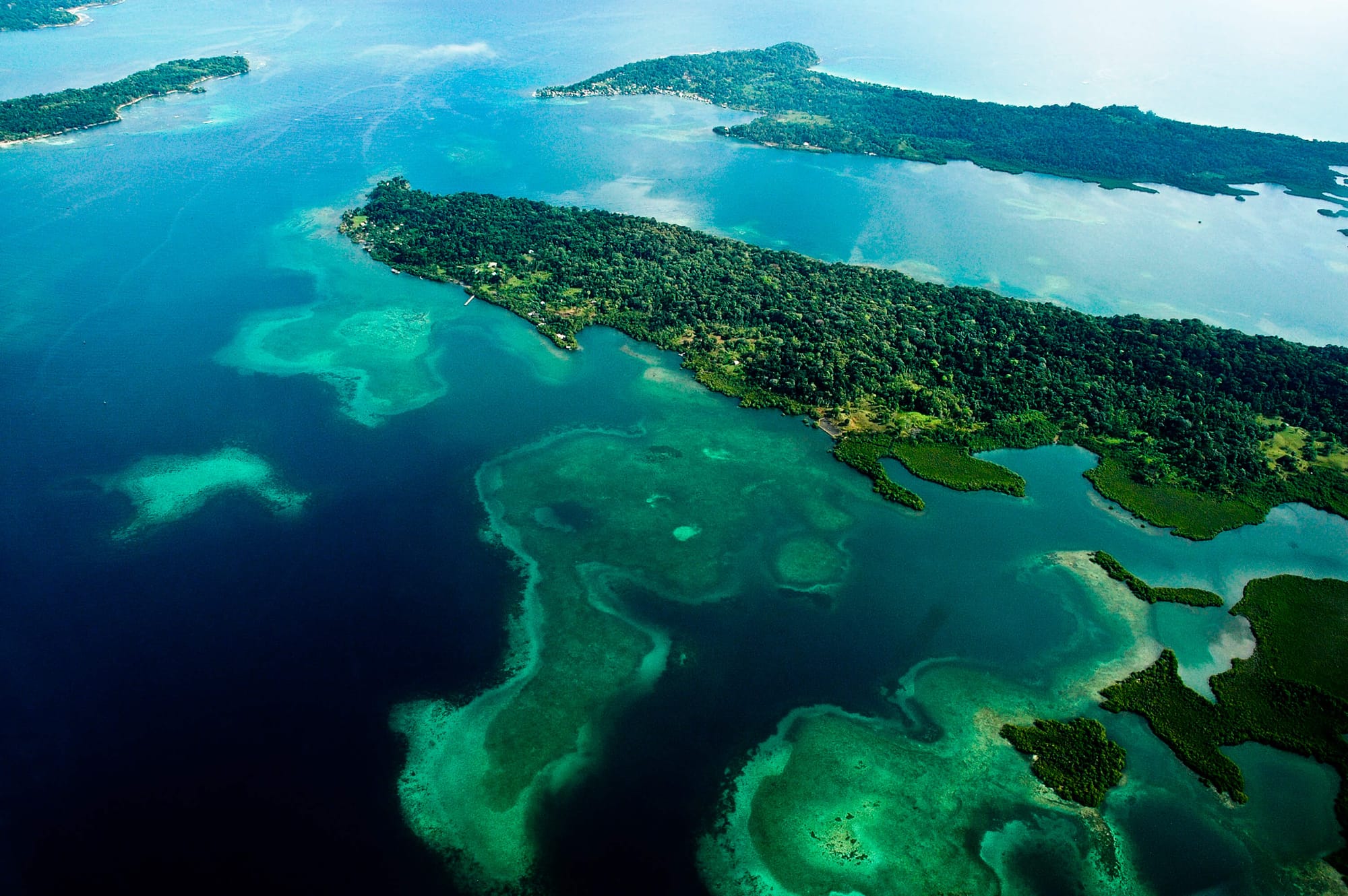 Bocas del Toro, Panama ariel view of clear waters and jungle. 