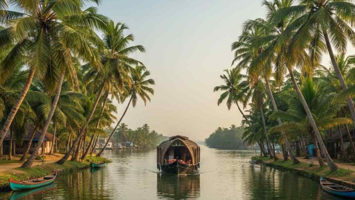 Boat going down a river in Alleppey India with palm trees on each side 