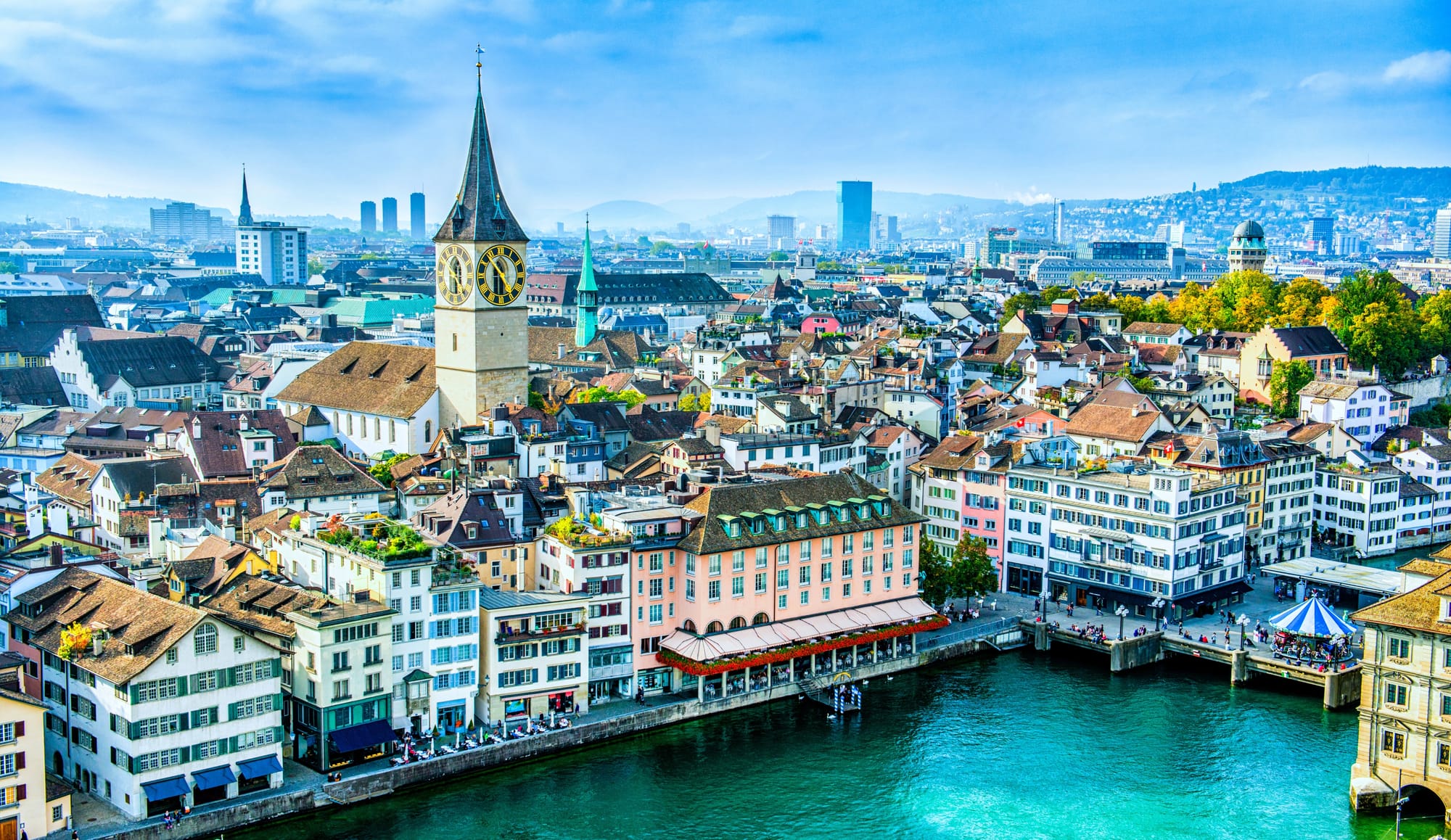 Zurich city ariel view of the skyline and river.