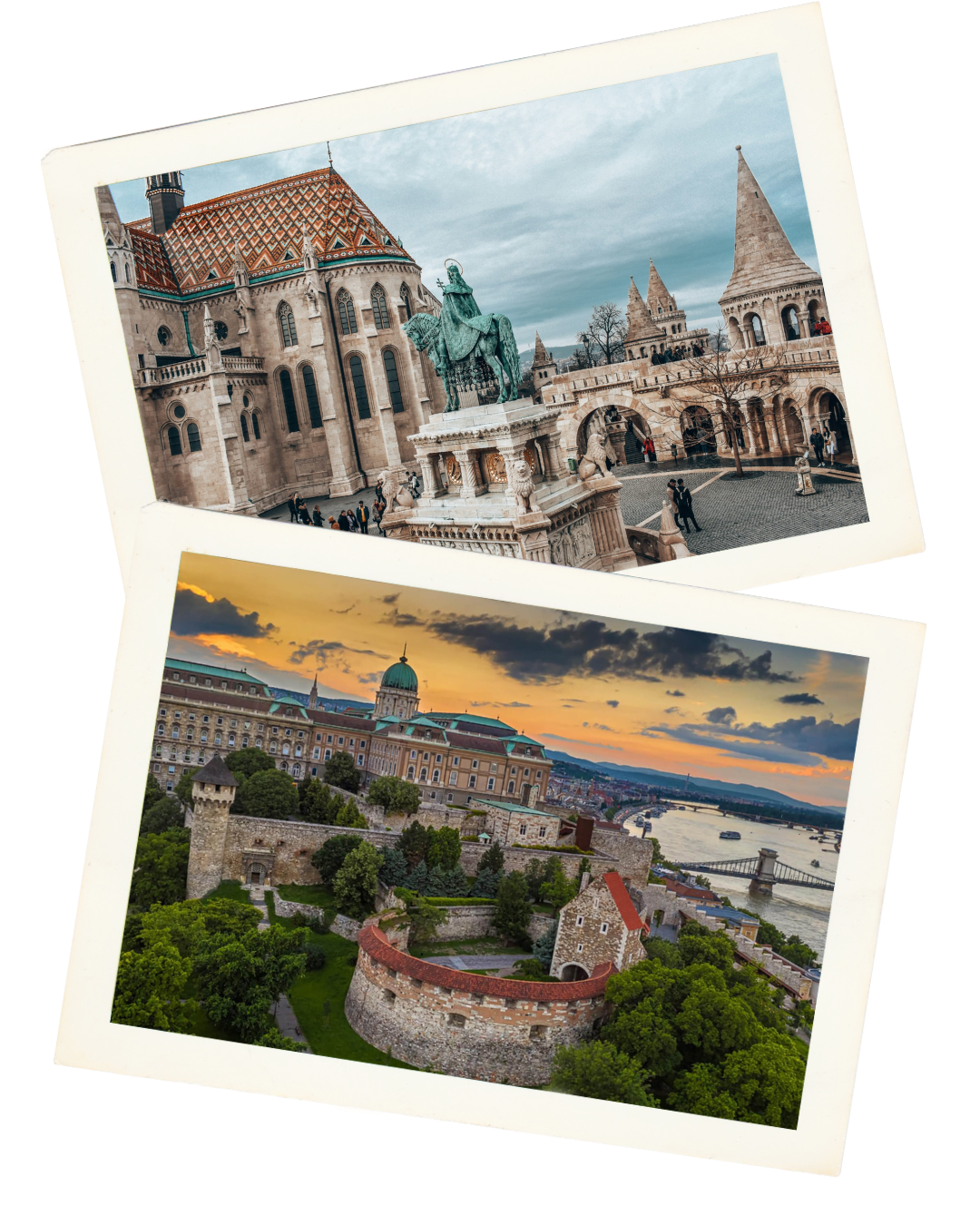 Two photos of Buda Castle building in Budapest, Hungary.