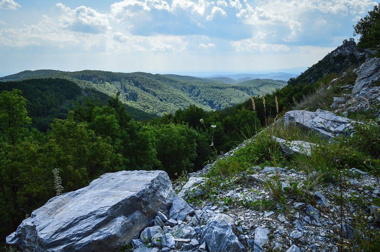 Looking down from rock cliff on a mountain inside Bükk National Park